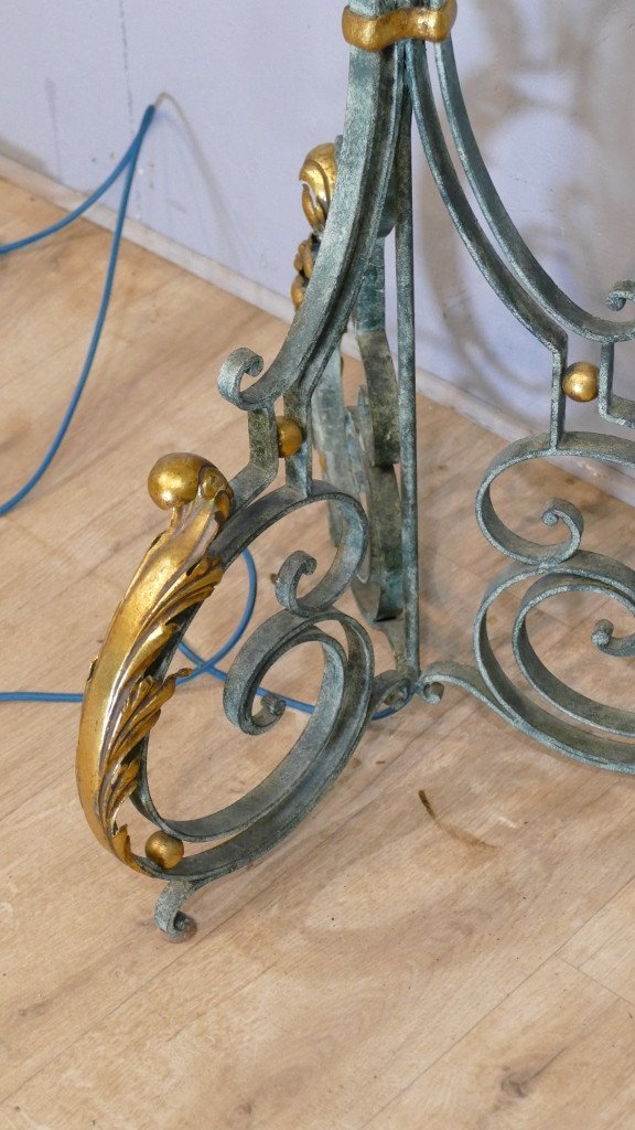 Patinated And Gilded Wrought Iron Floor Lamp Aus Fleurs De Lys, French Work From The 1940s-photo-4