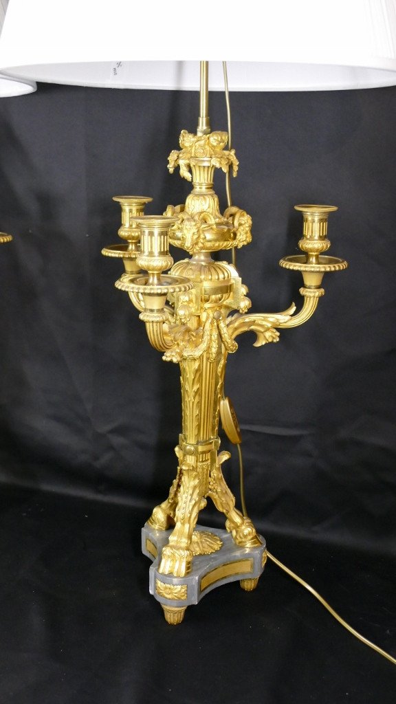 Pair Of Louis XVI Style Candelabra Lamps In Gilt Bronze And Turquin Marble, XIXth-photo-2