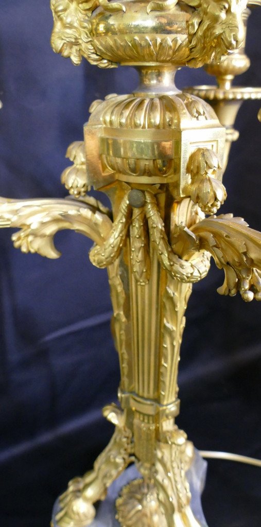 Pair Of Louis XVI Style Candelabra Lamps In Gilt Bronze And Turquin Marble, XIXth-photo-2