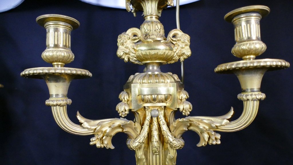 Pair Of Louis XVI Style Candelabra Lamps In Gilt Bronze And Turquin Marble, XIXth-photo-5