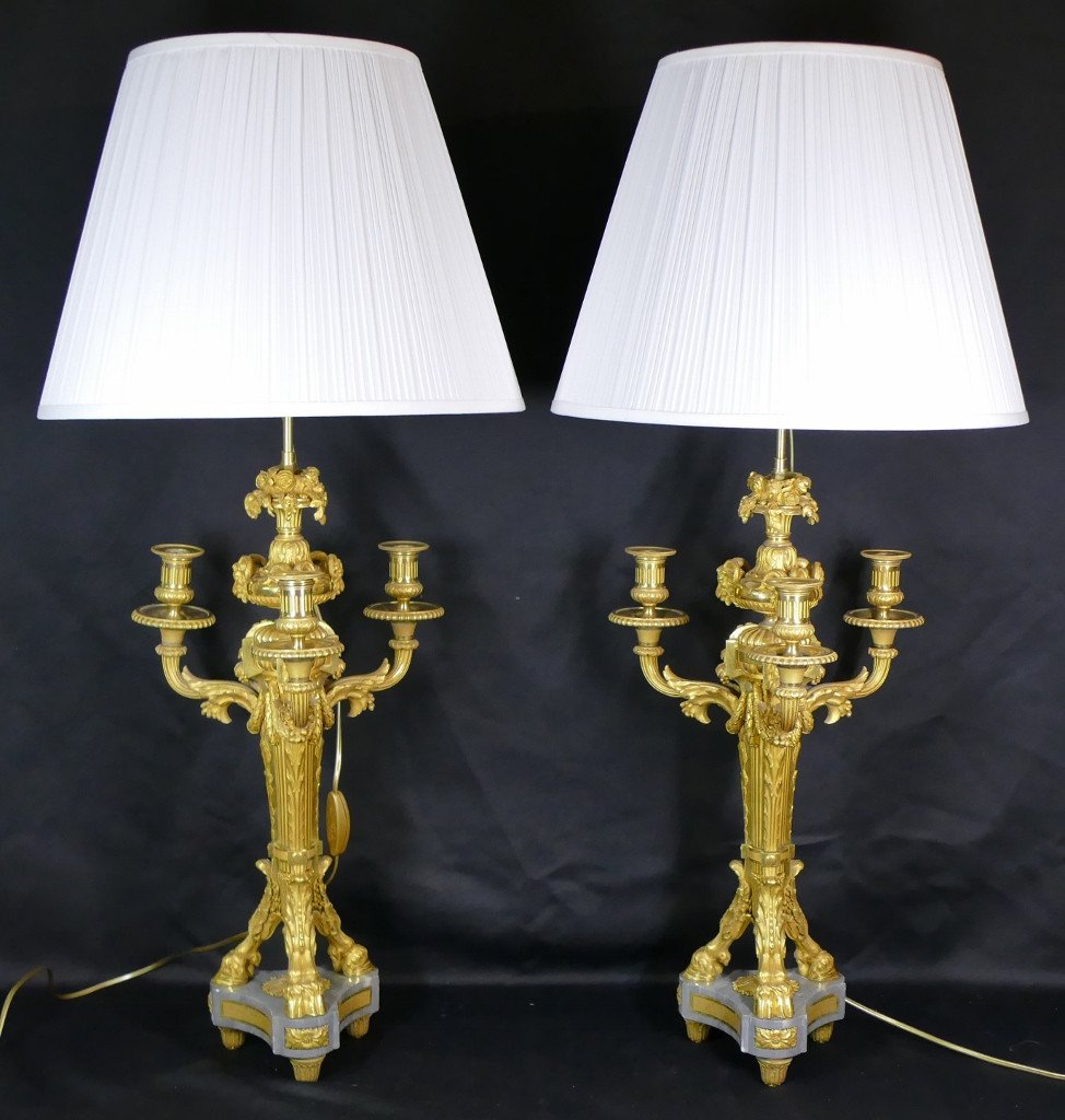 Pair Of Louis XVI Style Candelabra Lamps In Gilt Bronze And Turquin Marble, XIXth