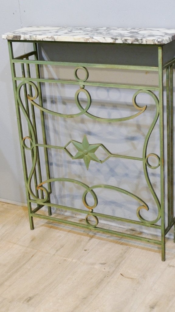 Art Deco Console Radiator Cover In Bronze Patinated Iron And Marble Top-photo-1
