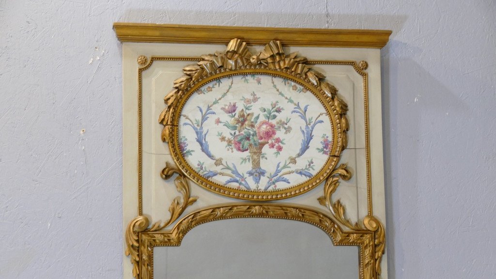 Trumeau Miroir Louis XVI En Bois Sculpté, Laqué Et Doré, époque XIX ème-photo-2