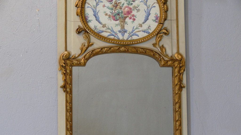 Trumeau Miroir Louis XVI En Bois Sculpté, Laqué Et Doré, époque XIX ème-photo-3