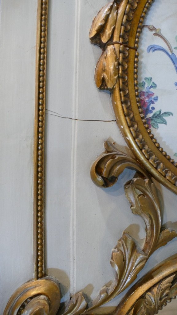 Trumeau Miroir Louis XVI En Bois Sculpté, Laqué Et Doré, époque XIX ème-photo-2