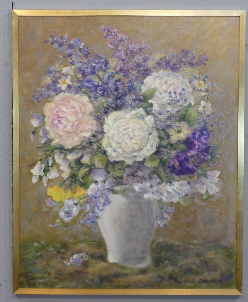 Delphinium, Roses And Bellflowers, Claude Chantereau, Oil Painting On Canvas