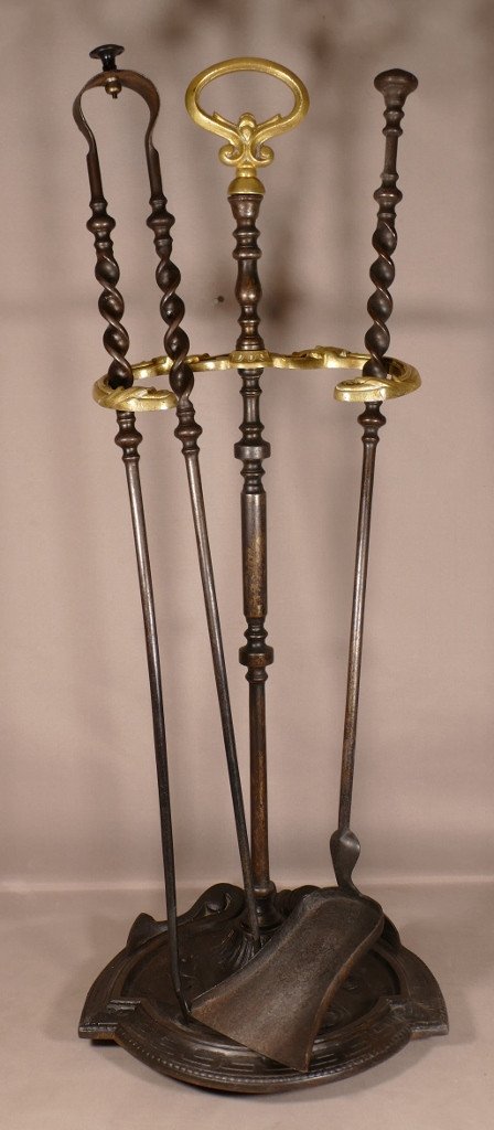 Proantic: Servant Of Chimney Shovel And Tongs In Iron And Brass, XIXth