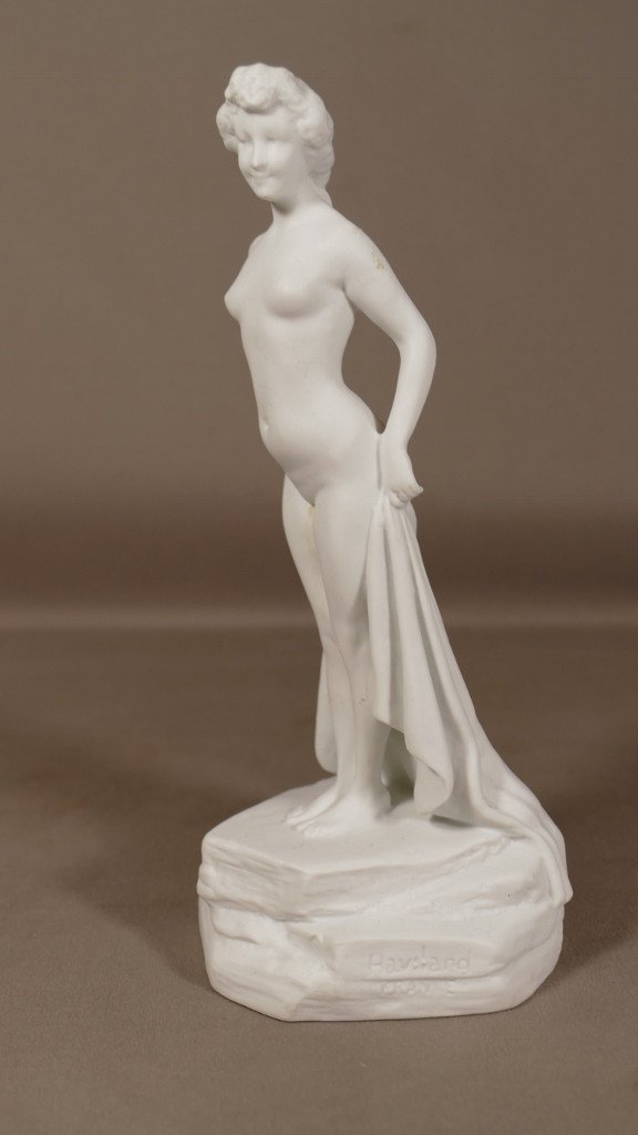 Joe Descomps And Haviland, Young Woman In The Bath, Art Deco Porcelain Biscuit Statuette-photo-3