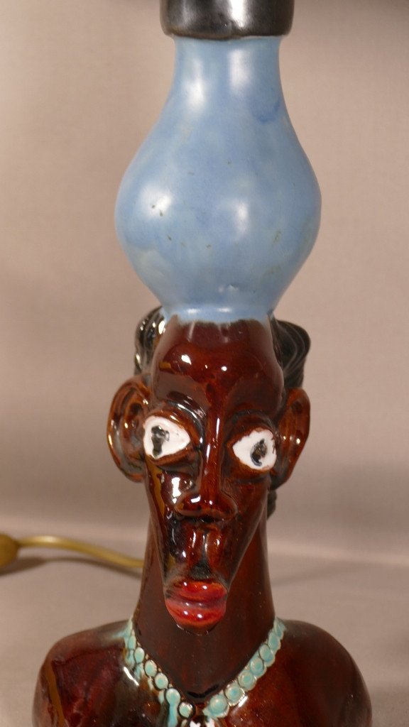 African Woman, Enamelled Terracotta Lamp, Mid 20th Century-photo-4