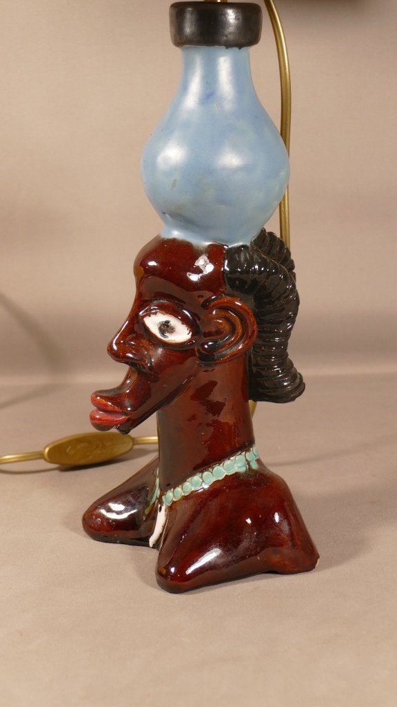 African Woman, Enamelled Terracotta Lamp, Mid 20th Century-photo-1