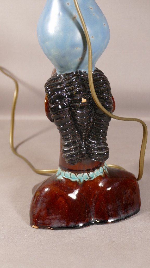 African Woman, Enamelled Terracotta Lamp, Mid 20th Century-photo-2