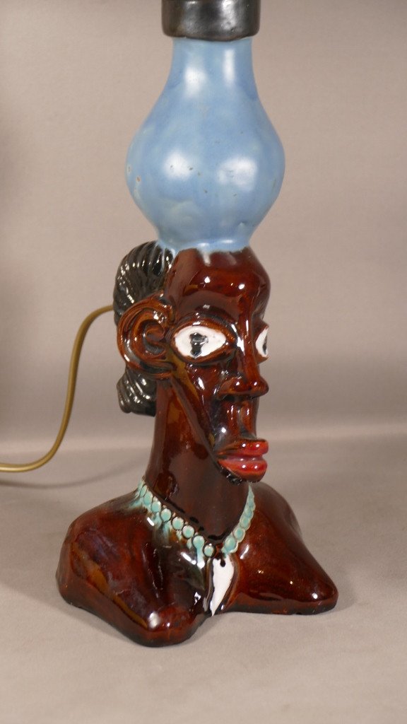 African Woman, Enamelled Terracotta Lamp, Mid 20th Century