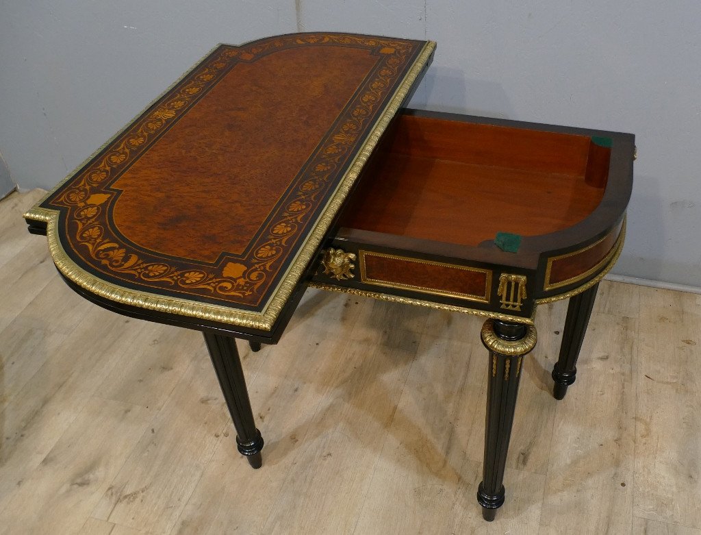 Console Table à Jeux Napoléon III En Loupe De Thuya, Bois Noirci Et Bronze, époque XIX ème-photo-5