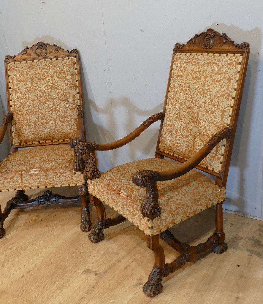 Pair Of Large Louis XIV Ceremonial Armchairs In Carved Walnut, XIXth Century-photo-2