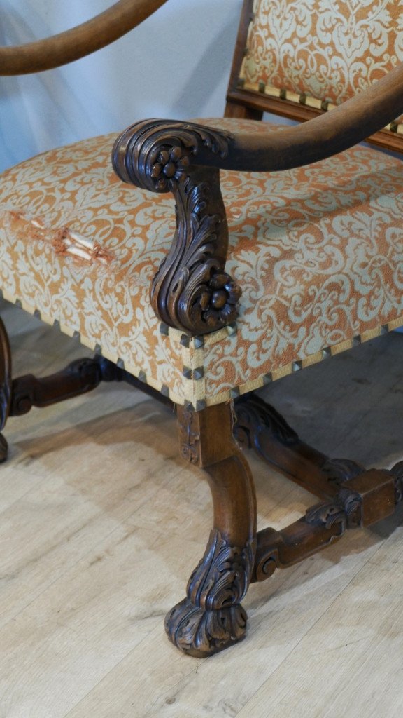 Pair Of Large Louis XIV Ceremonial Armchairs In Carved Walnut, XIXth Century-photo-3