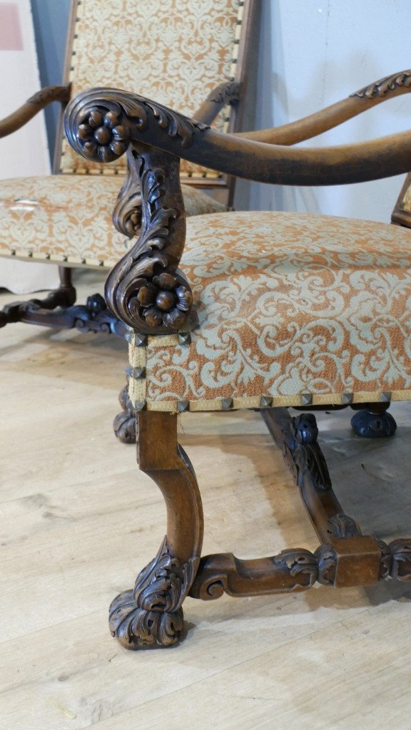 Pair Of Large Louis XIV Ceremonial Armchairs In Carved Walnut, XIXth Century-photo-3