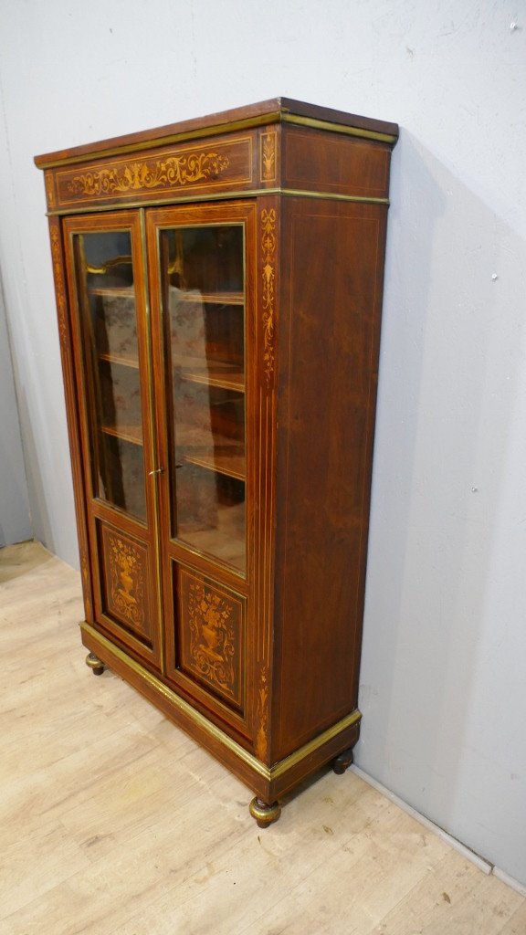 Bibliothèque Vitrine Napoléon III En Palissandre Et Marqueterie De Bois Clair, XIX ème-photo-4