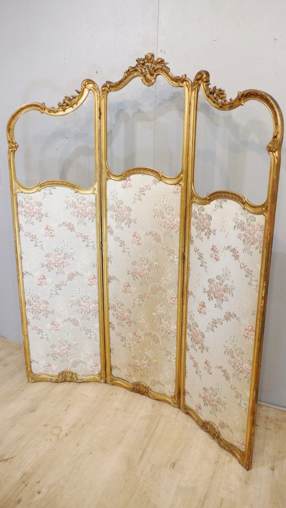 Screen In Golden Wood And Silk Louis XV Style XIXth Century-photo-2