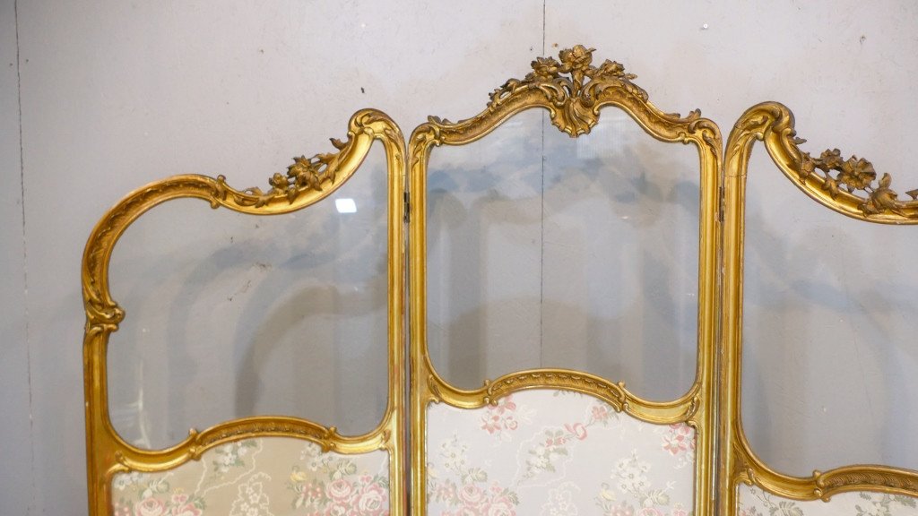 Paravent En Bois Doré Et Soie De Style Louis XV époque XIX ème Siècle-photo-4