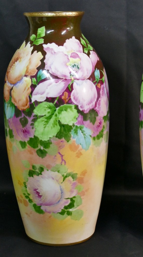 Roses, Iris Et Dahlias, Paire De Grands Vases En Porcelaine De Limoges Par Poujol, Début XX ème-photo-2