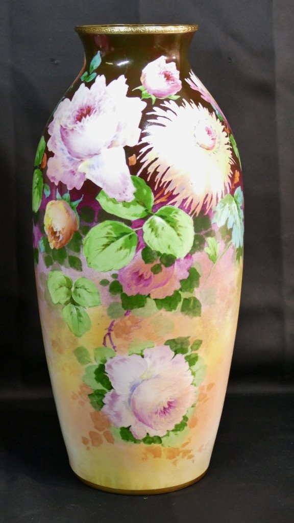 Roses, Iris Et Dahlias, Paire De Grands Vases En Porcelaine De Limoges Par Poujol, Début XX ème-photo-3