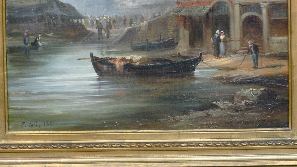 Animated Norman Seaside, Oil On Canvas Animated By E Valin 1881, 1st Of A Pair-photo-1