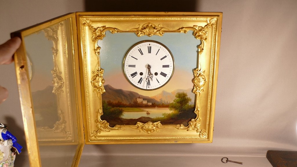 Charles X Period Clock Painting, Landscape And Wire Clock, XIX-photo-2