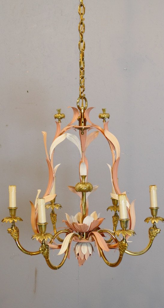 Maison Baguès, Lustre Aux Chameaux Et Feuillages En Bronze, Laiton Et Tôle Peinte, Vers 1980-photo-2