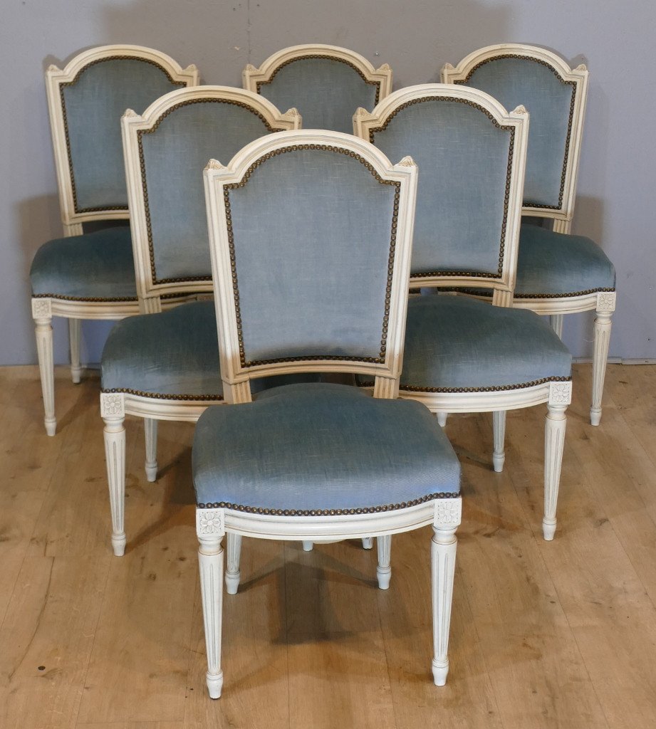 6 Chaises Louis XVI En Bois Laqué Et Velours, époque 1960