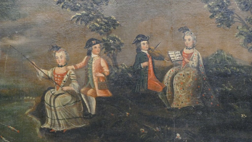 Grand Tableau XVIII ème, Dessus De Porte, Leçon De Musique Et De Pêche, Louis XV-photo-1