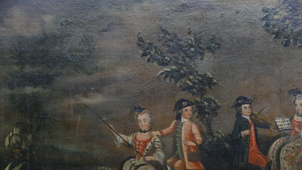 Large 18th Century Painting, Door Top, Music And Fishing Lesson, Louis XV-photo-5