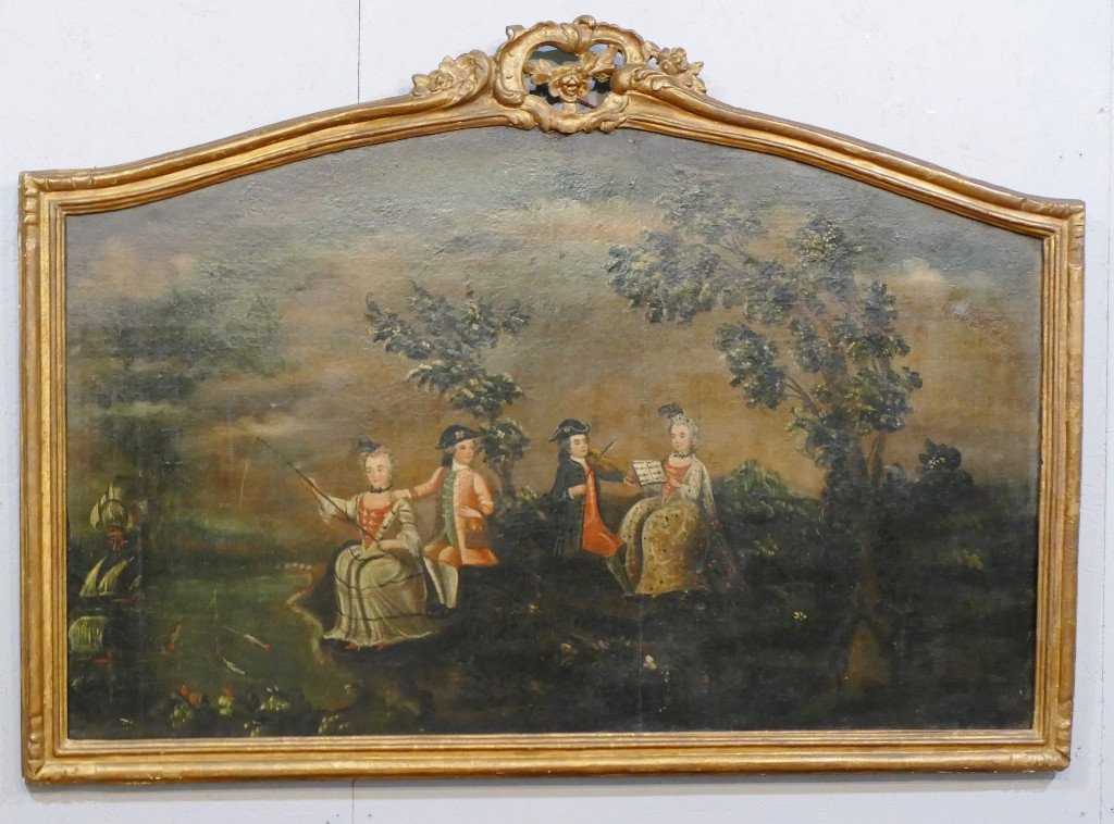 Large 18th Century Painting, Door Top, Music And Fishing Lesson, Louis XV