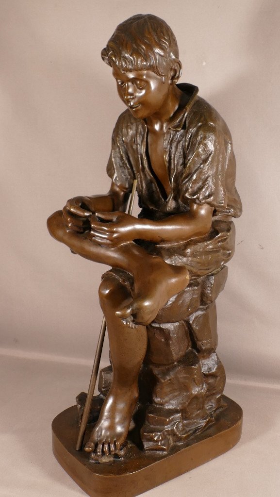 Joseph Ascoli (1847-1929), The Young Fisherman, Large Bronze 57 Cm With Brown Patina-photo-1
