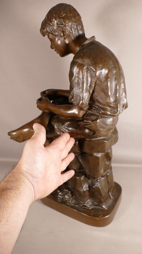 Joseph Ascoli (1847-1929), The Young Fisherman, Large Bronze 57 Cm With Brown Patina-photo-6