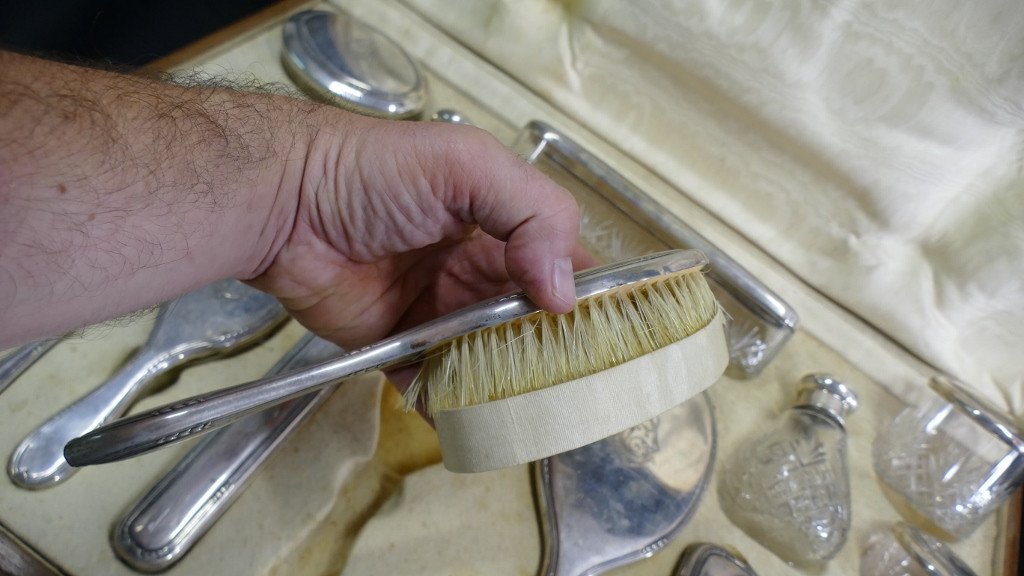 Coffret Service De Toilette En Argent Massif Et Cristal, 17 Pièces, Italie, XIX ème-photo-6