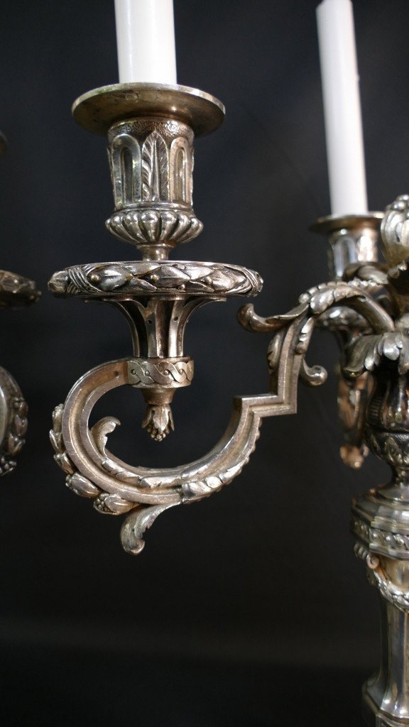 Pair Of Louis XVI Candlesticks In Silvered Bronze, 19th Century-photo-4