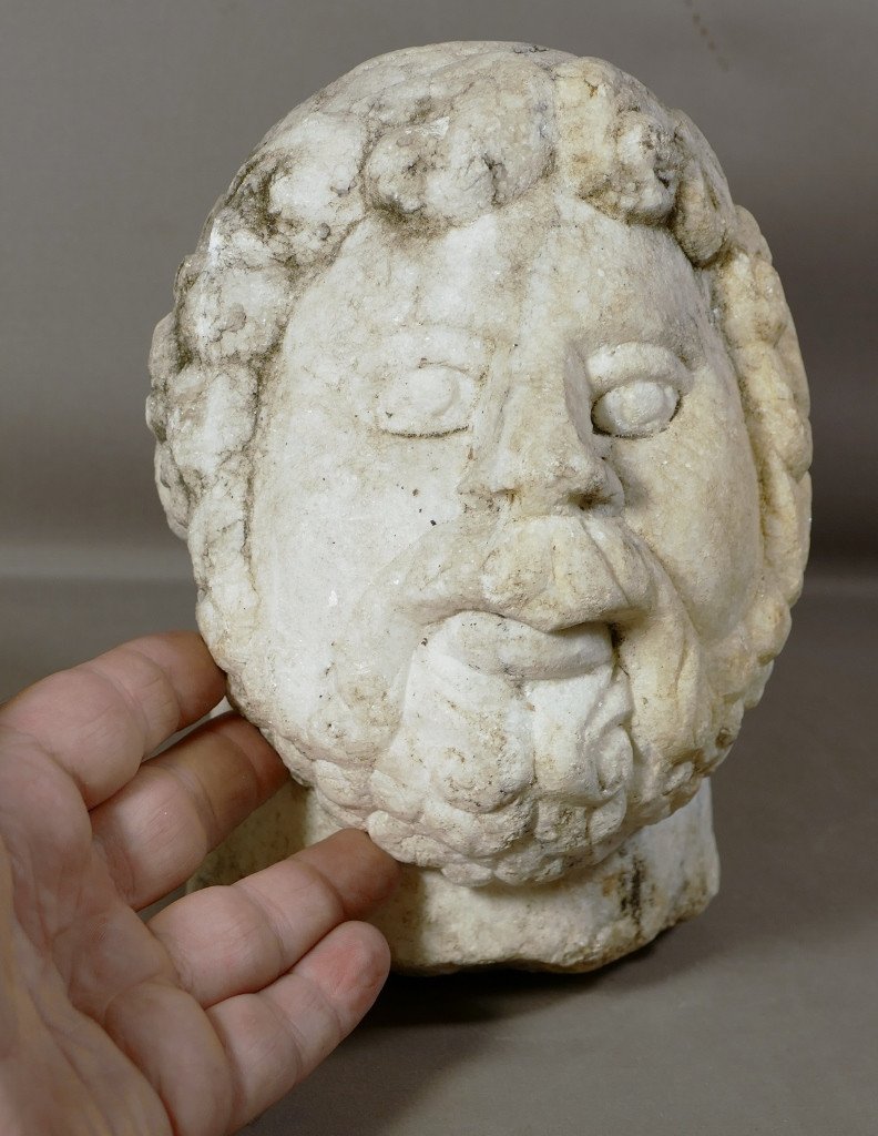 Bearded Man's Head Carved In Marble, 17th, 18th Century Period-photo-6