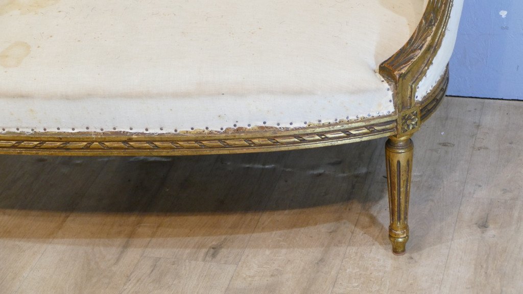 Louis XVI Style Basket Sofa In Golden Patinated Wood, 19th Century Period-photo-2