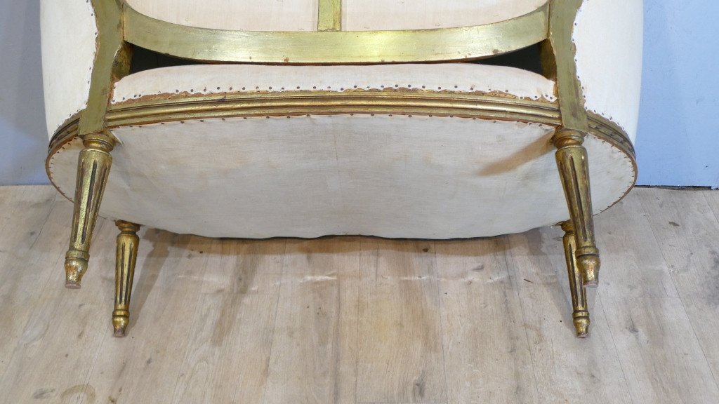 Louis XVI Style Basket Sofa In Golden Patinated Wood, 19th Century Period-photo-8