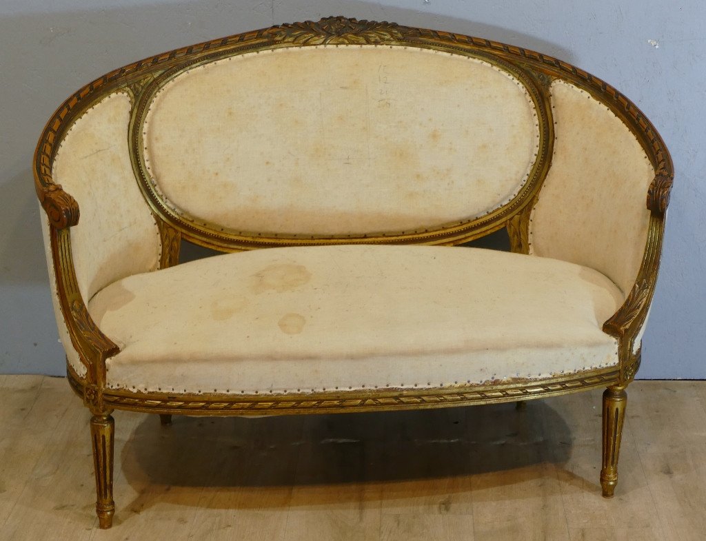 Louis XVI Style Basket Sofa In Golden Patinated Wood, 19th Century Period