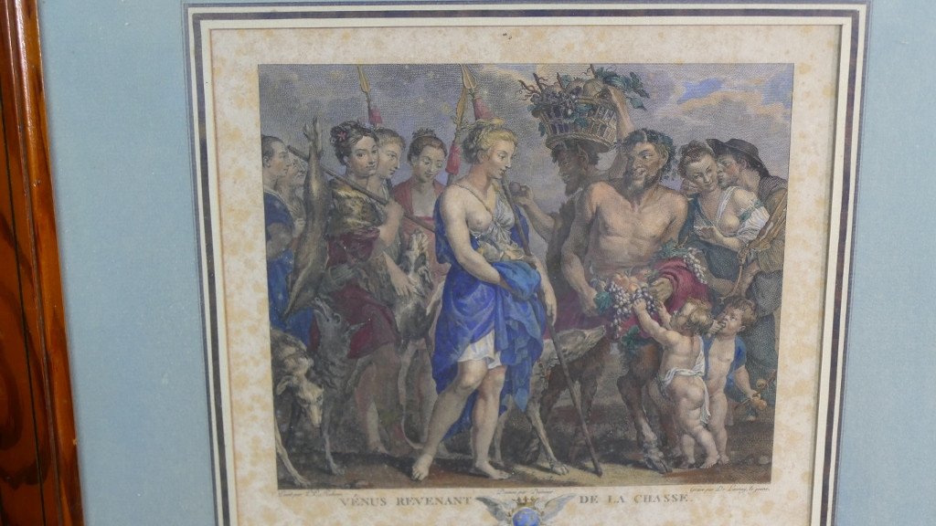 Vénus Returning From The Hunt, 18th Century Colored Engraving By De Launay After Rubens-photo-1