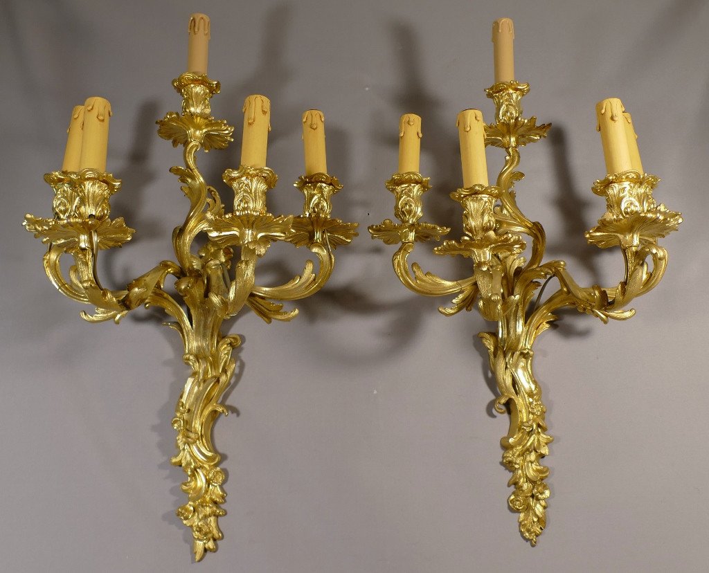 Paire De Grandes Appliques Louis XV à 5 Feux En Bronze Doré époque Napoléon III