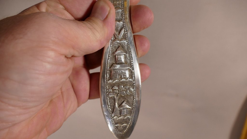 Indochinese Hand Face Mirror In Sterling Silver, Early 20th Century-photo-3