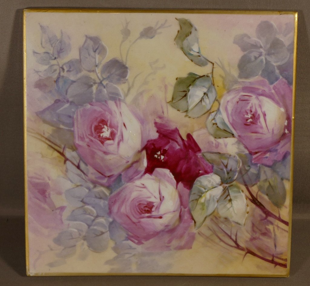 Willian Guérin Limoges XIX ème, Plaque De Porcelaine Aux Roses Peintes à La Main