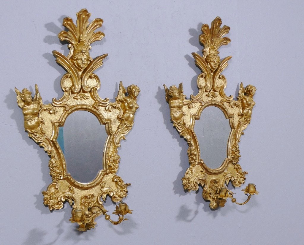 Paire De Miroirs Appliques En Bois Doré Aux Cariatides, Italie, XVIII ème Siècle-photo-2