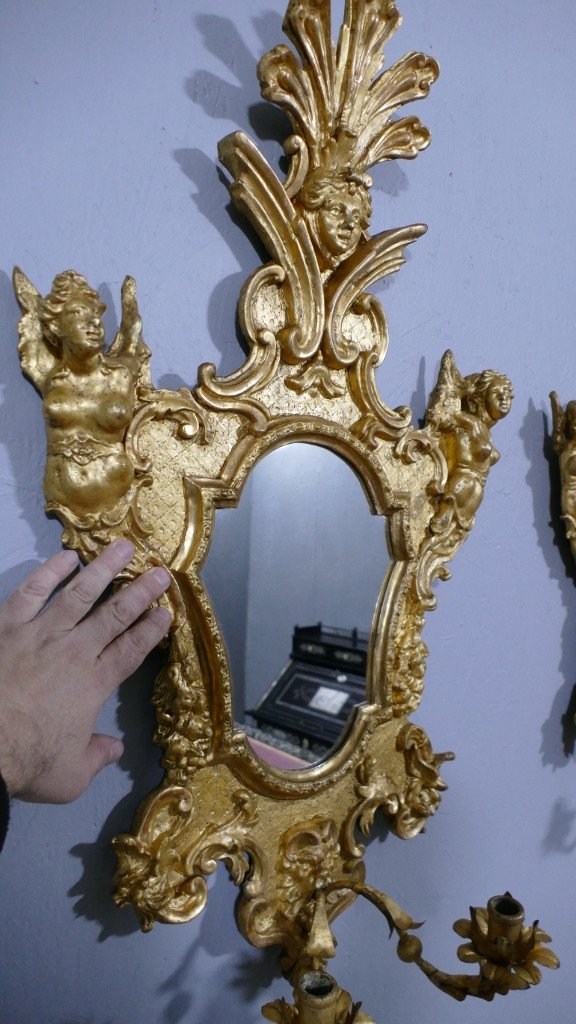 Paire De Miroirs Appliques En Bois Doré Aux Cariatides, Italie, XVIII ème Siècle-photo-4