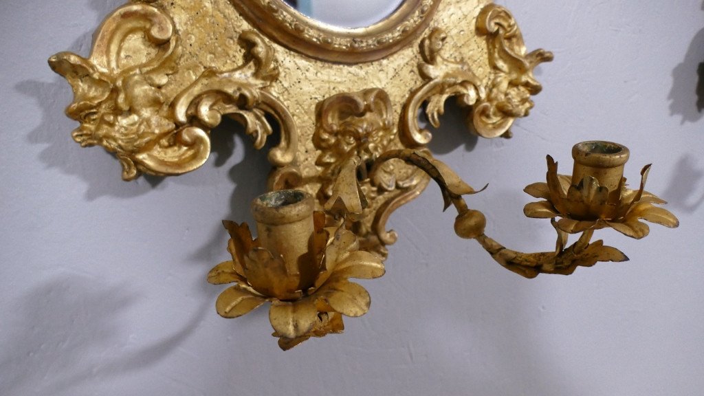 Paire De Miroirs Appliques En Bois Doré Aux Cariatides, Italie, XVIII ème Siècle-photo-4