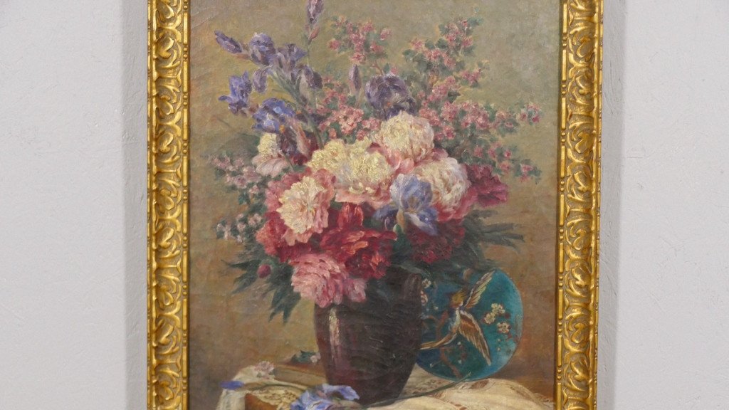 Painting, Bouquet Of Peony, Iris On Entablature And Théodore Deck Dish, 19th Century-photo-3