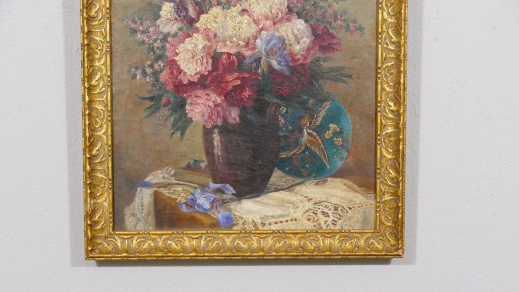 Painting, Bouquet Of Peony, Iris On Entablature And Théodore Deck Dish, 19th Century-photo-4