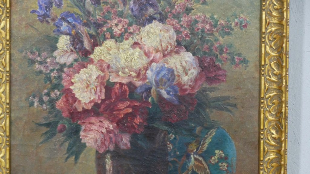 Painting, Bouquet Of Peony, Iris On Entablature And Théodore Deck Dish, 19th Century-photo-2